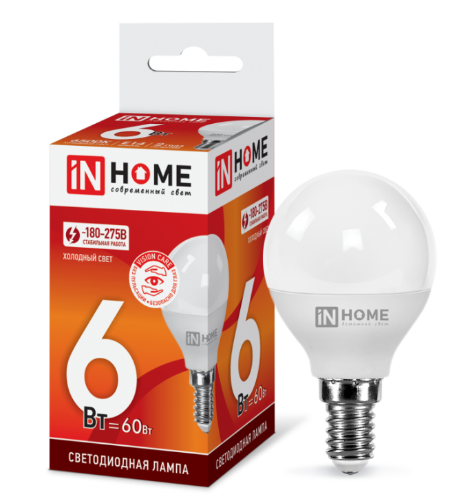 Лампа IN HOME LED-ШАР-VC 6Вт 230В Е14 6500К 540Лм